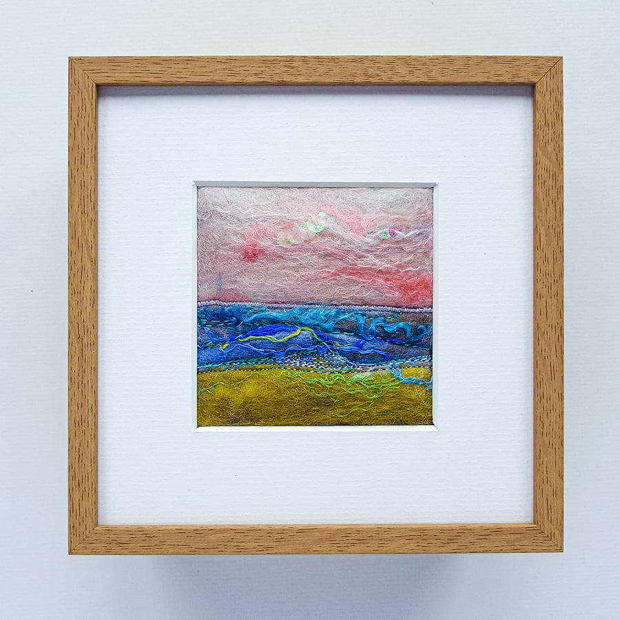 FELT and stitch, minimalist art, textile landscape, in pinks and blues