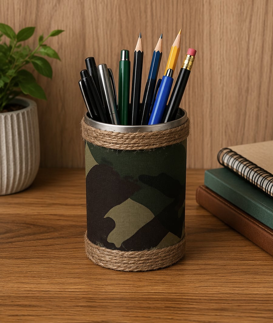Pencil pot Storage, Desktop tin Unique one off Repurposed can