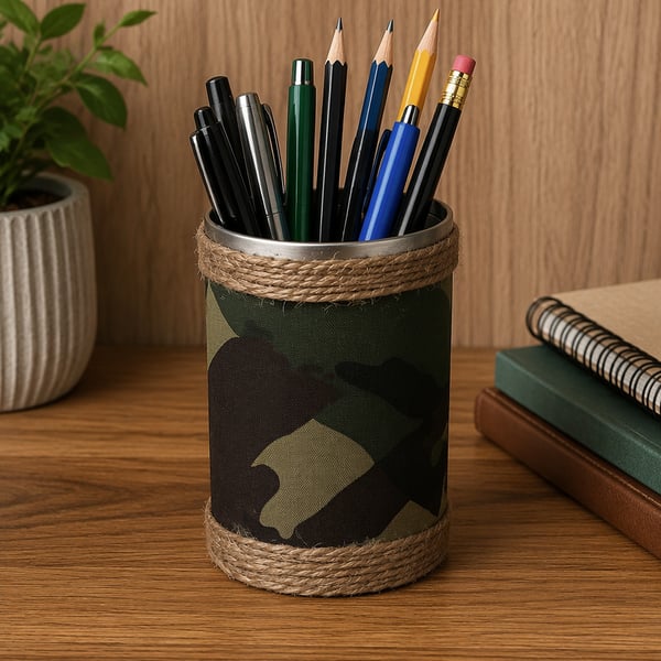 Pencil pot Storage, Desktop tin Unique one off Repurposed can
