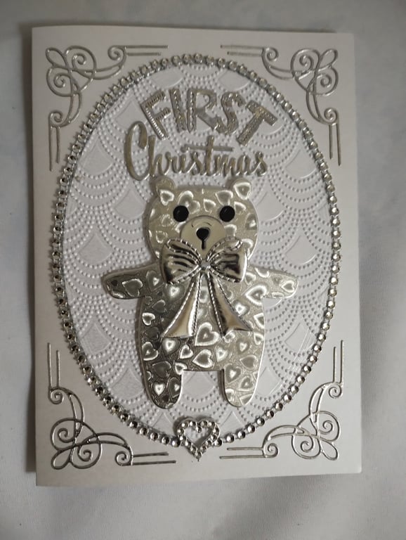 First Christmas Book Style Keepsake Gift Box Bag - Silver Hearts Teddy Bear 