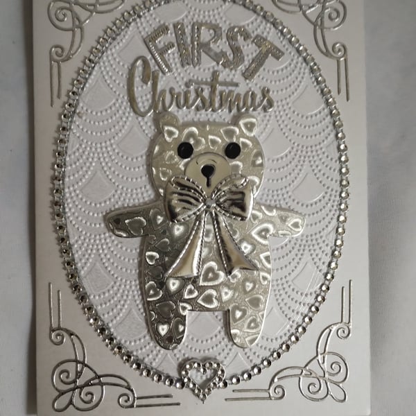First Christmas Book Style Keepsake Gift Box Bag - Silver Hearts Teddy Bear 