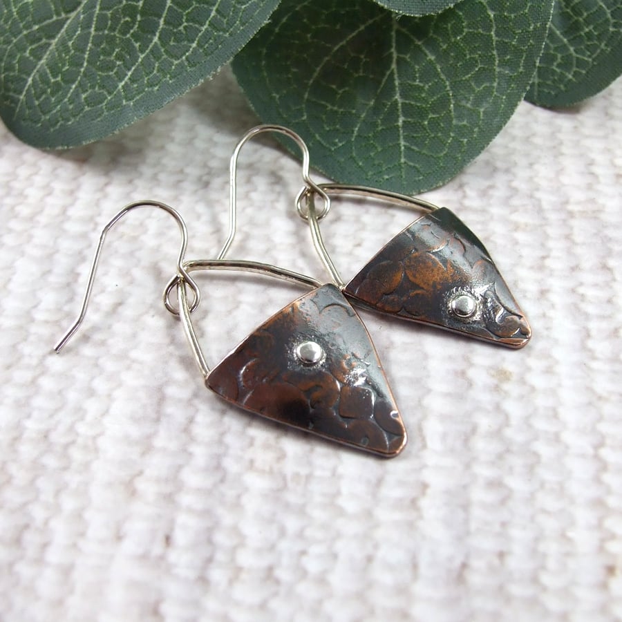 Earrings, Sterling Silver and Copper Triangle Floral Droppers