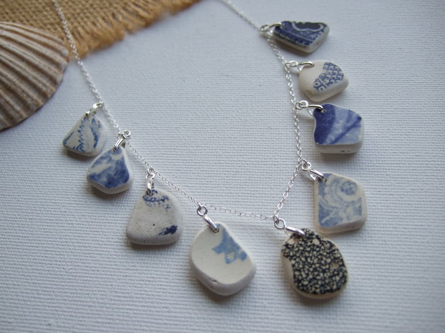 Scottish sea pottery necklace, beach pottery jewellery, blue texture 18"