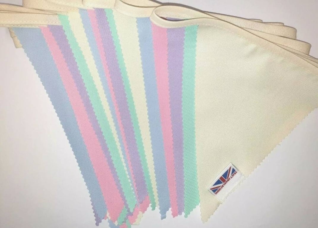 Pastel fabric bunting - 10 mtr 30 flags. Made in England