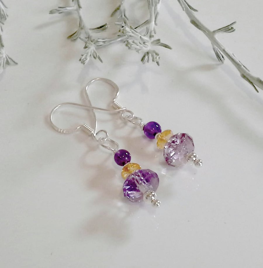 Dainty Feminine Balivian Ametrine,  Amethyst & Citrine Sterling Silver Earrings