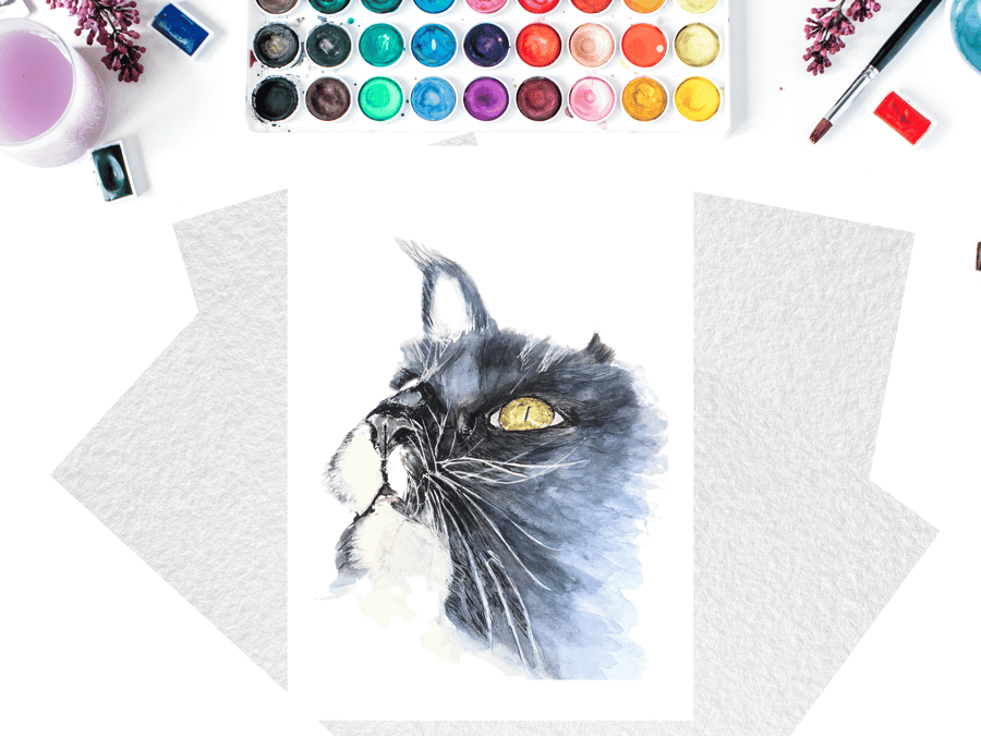 Tuxedo cat A4 print, watercolour, cat lovers artwork
