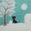 Dog Christmas Card, Kids Christmas Card, Dog Snow Card, Puppy Moon Tree Card Art