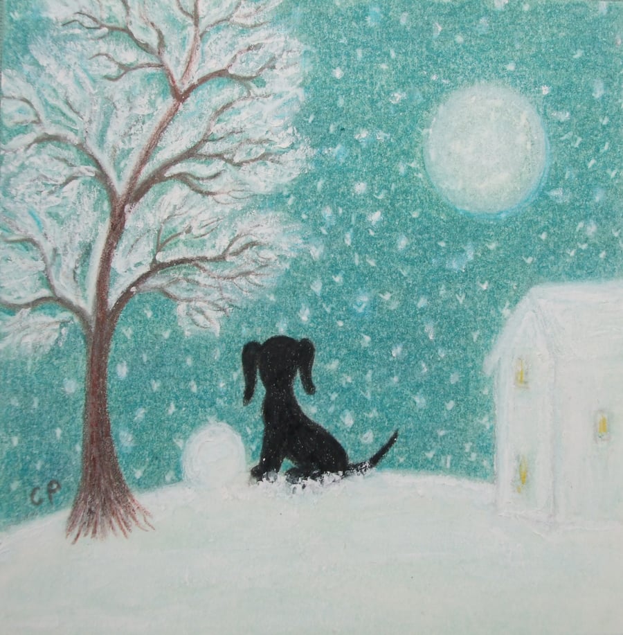 Dog Christmas Card, Kids Christmas Card, Dog Snow Card, Puppy Moon Tree Card Art
