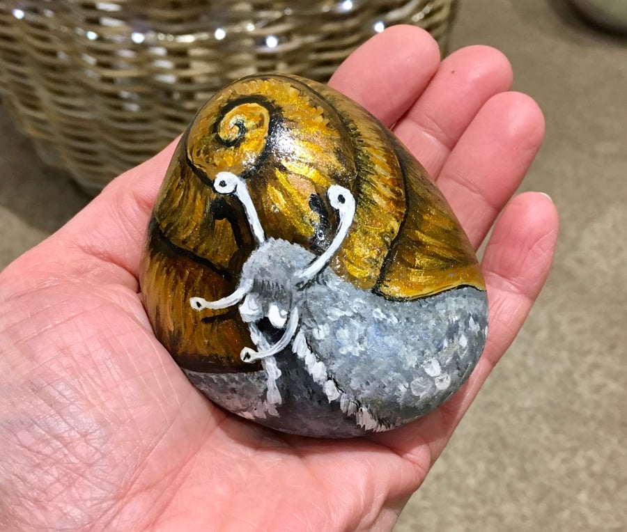 Snail hand painted pebble garden rock art wildlife portrait 