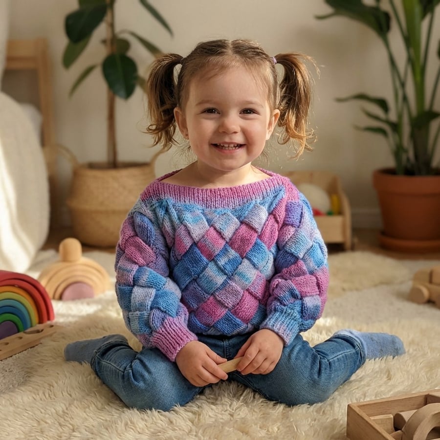 Hand knitted jumper in sparkly pink and blue entrelac 2 - 3 years 