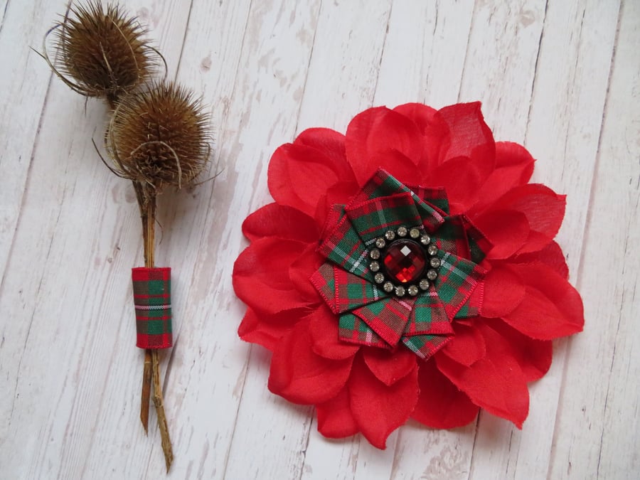 Red & Emerald Green MacGregor Tartan Plaid Flower & Crystal Brooch Corsage 