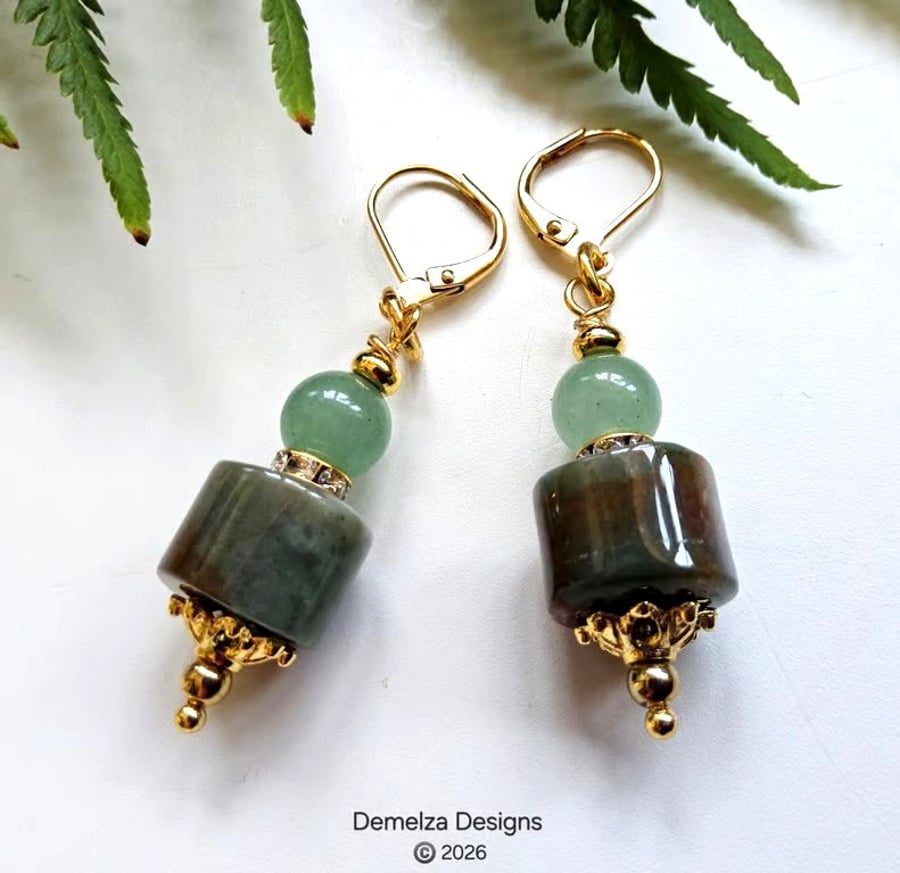 Fancy Jasper & Green Aventurine Huggie Gold Plate Earrings