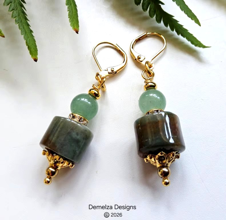 Fancy Jasper & Green Aventurine Huggie Gold Plate Earrings