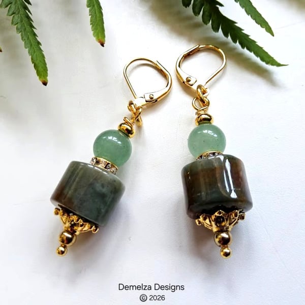 Fancy Jasper & Green Aventurine Huggie Gold Plate Earrings