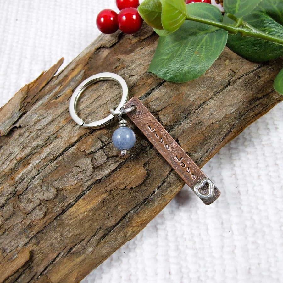 Bag Charm, Copper and Sterling Silver Heart with Blue Aventurine Gemstone