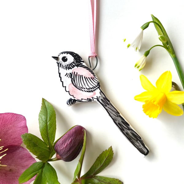 Longtailed tit ceramic hanging ornament