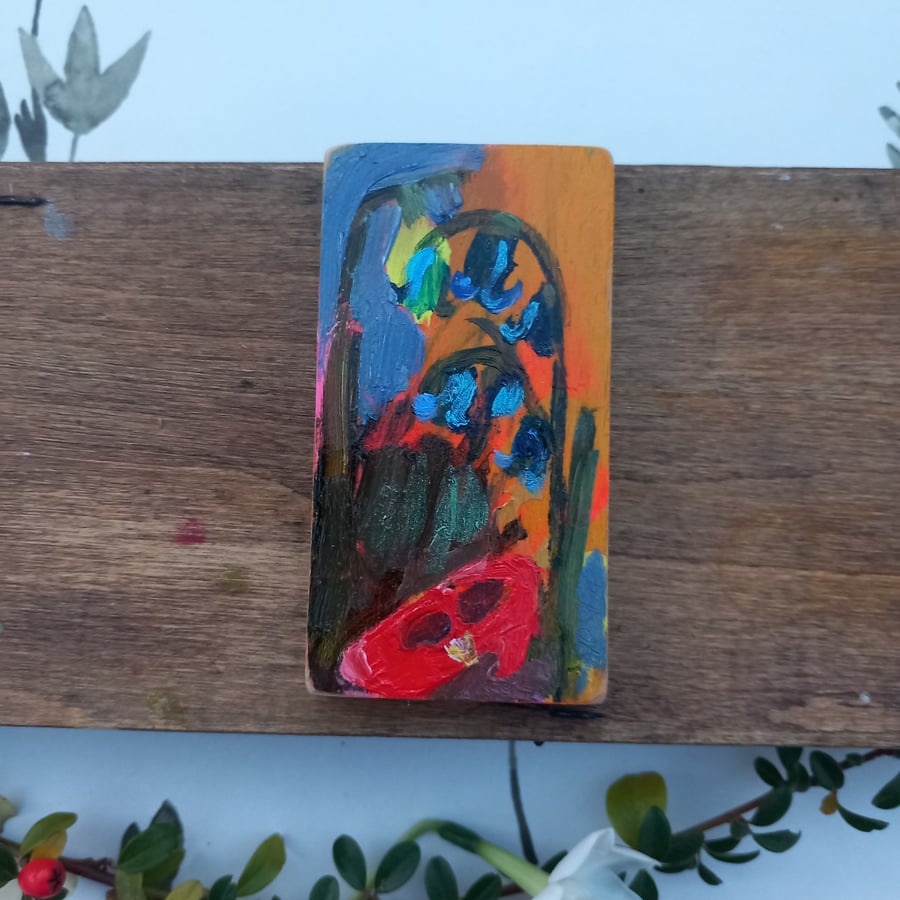 Miniature oil painting. Bluebells and lost red shoe