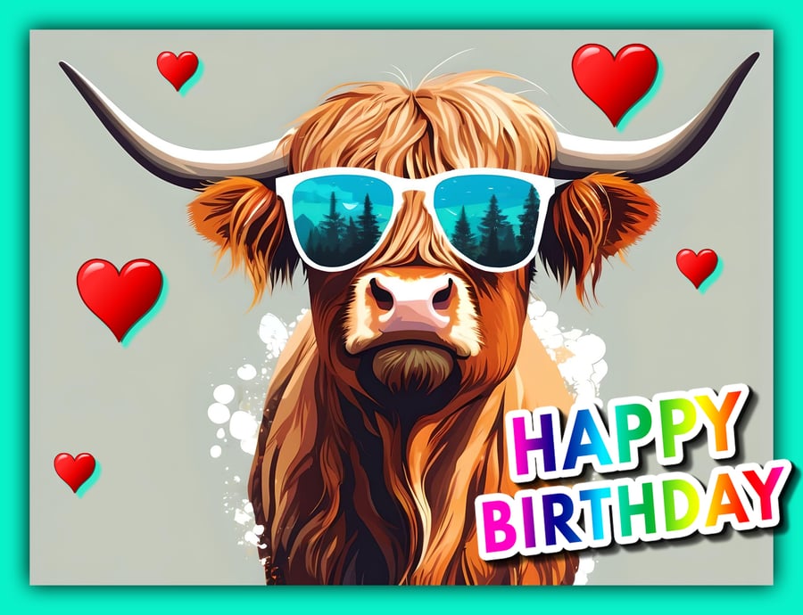 Fun Happy Birthday Highland Cow In Sunglasses Card A5