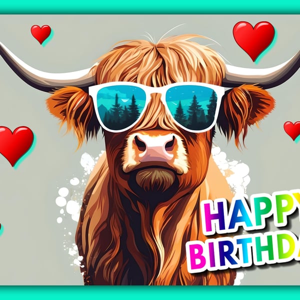 Fun Happy Birthday Highland Cow In Sunglasses Card A5
