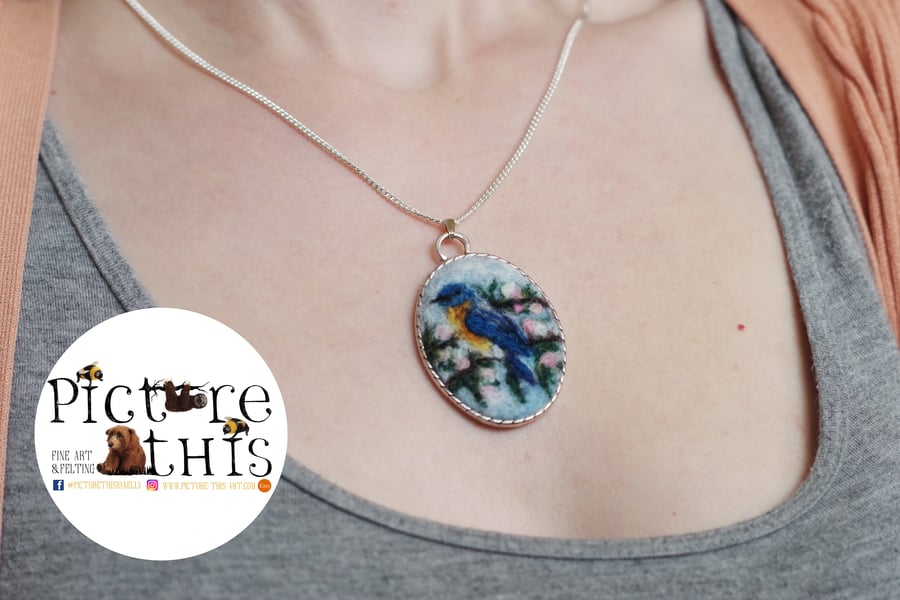 Beautiful Needle Felted Bird Blossom Textile Wool Pendant Necklace 
