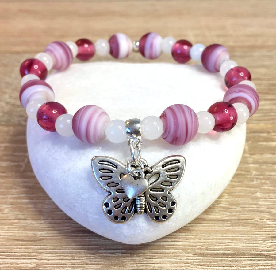 Raspberry Pink and White Glass Beaded Butterfly Charm Bracelet 
