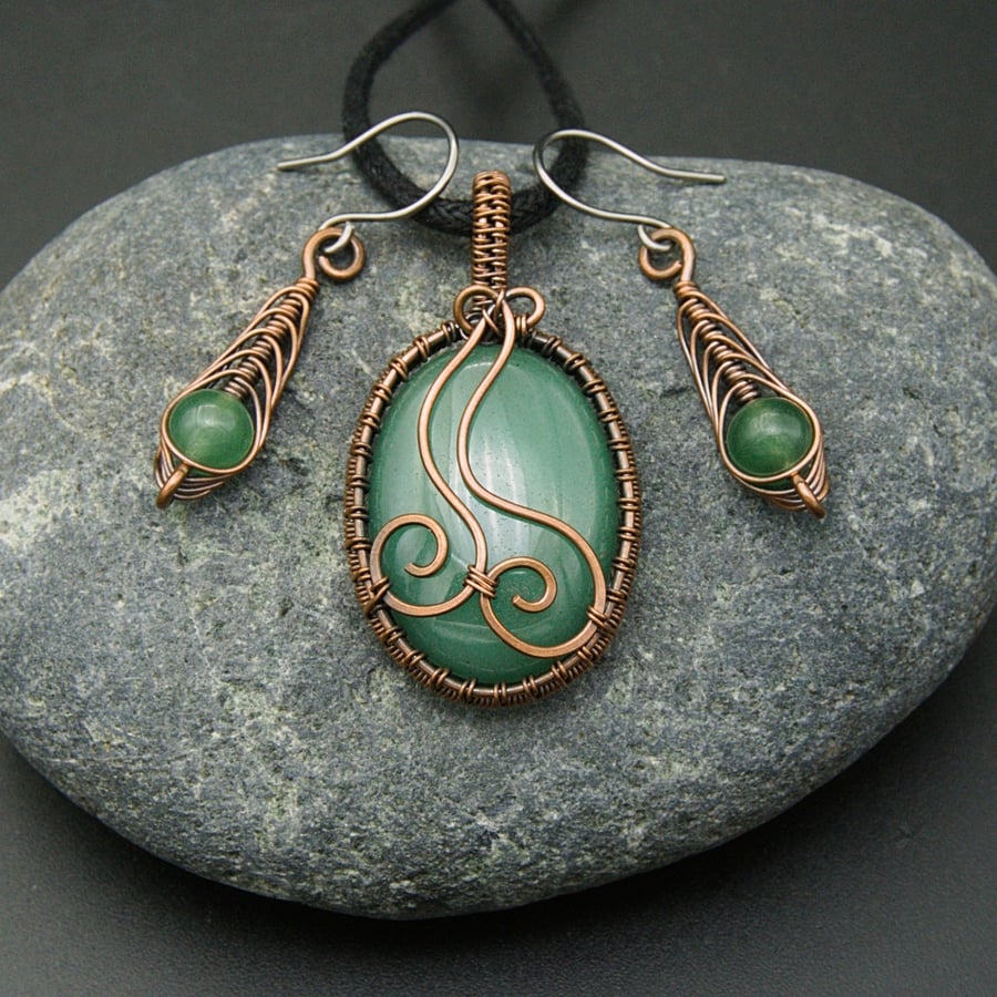 Copper Wire Weave Wrapped Green Aventurine Pendant & Matching Drop Earrings