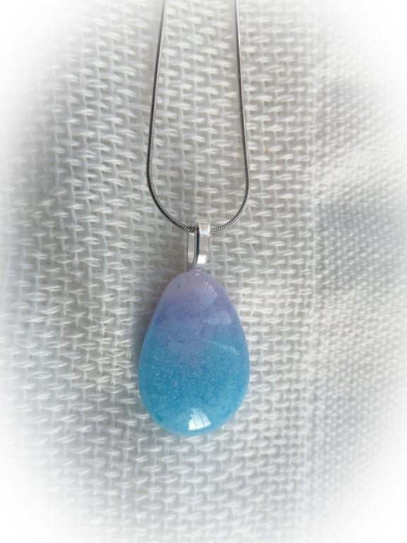 Drop of colour glass necklace bright blue, pale purple and a touch of light pink