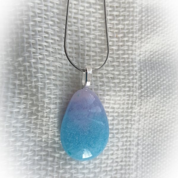 Drop of colour glass necklace bright blue, pale purple and a touch of light pink