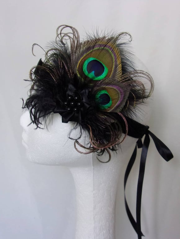 Black Flapper Band Peacock Feather & Pearl Vintage Gothic Style Head Band 