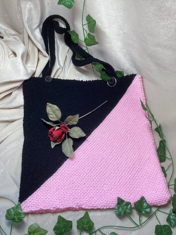 Hand Knitted Black & Pink Tote Bag. OOAK . Free Postage.