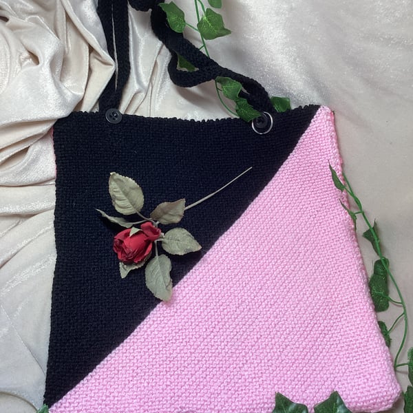 Hand Knitted Black & Pink Tote Bag. OOAK . Free Postage.