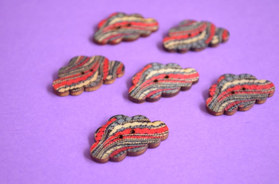 Wooden Cloud Buttons Blue Red Grey 6pk 30x20mm (CD10)