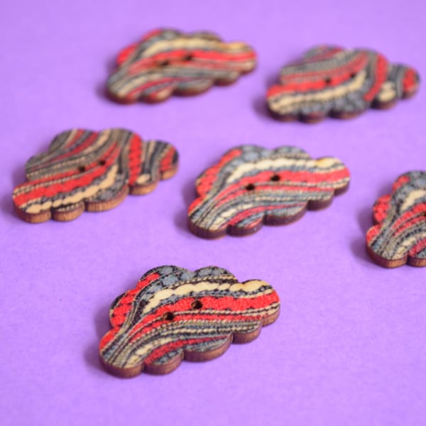 Wooden Cloud Buttons Blue Red Grey 6pk 30x20mm (CD10)