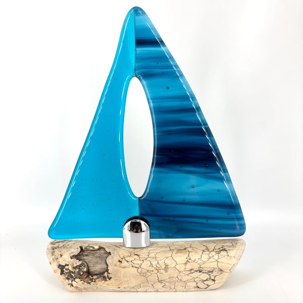 Beautiful Fused Glass & Drift Wood Sailing Boat 