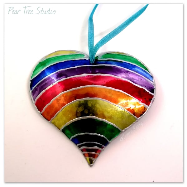 Small Rainbow Metal Heart decoration. Hand made.