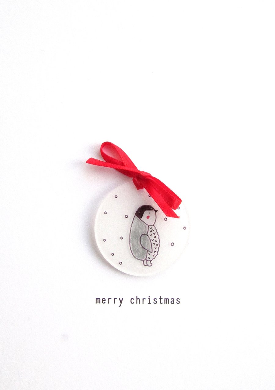 SALE - merry christmas - penguin and snow - handmade christmas card