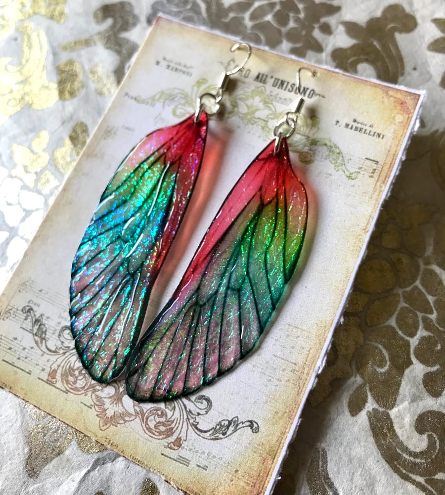 Red and Green Iridescent Fairy Wing Sterling Silver Earrings