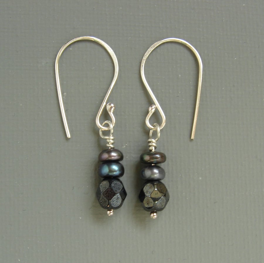 Gunmetal Peacock Freshwater Pearl Sterling Silver Drop Earrings June Birthstone