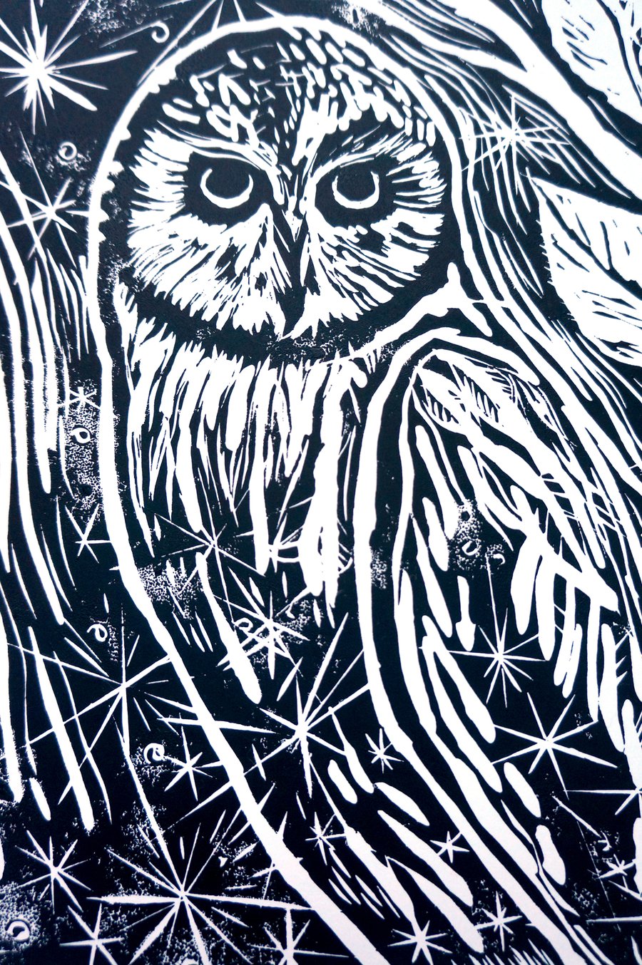 Owl With Stars, Linocut Print, A4 Print