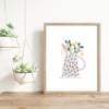 Mrs Robinson's Pretty Flowers in a Spotty Jug - Illustrated Floral Art Print 