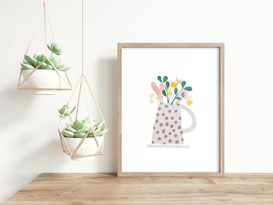 Mrs Robinson's Pretty Flowers in a Spotty Jug - Illustrated Floral Art Print 