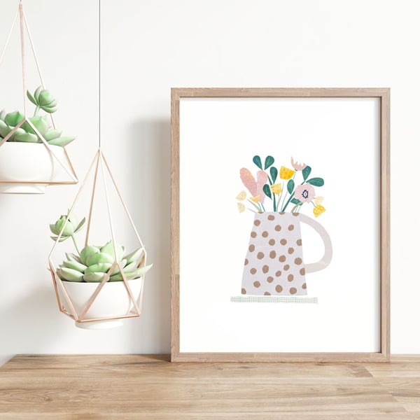 Mrs Robinson's Pretty Flowers in a Spotty Jug - Illustrated Floral Art Print 