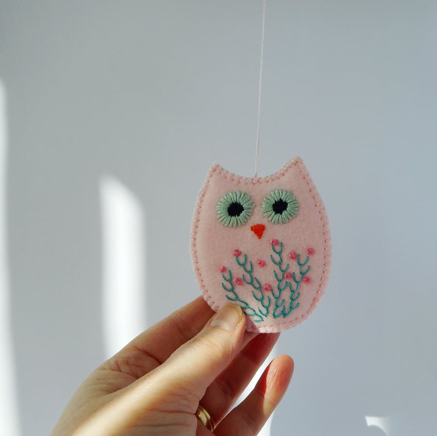 Soft pink hand embroidered felt owl hanging decoration