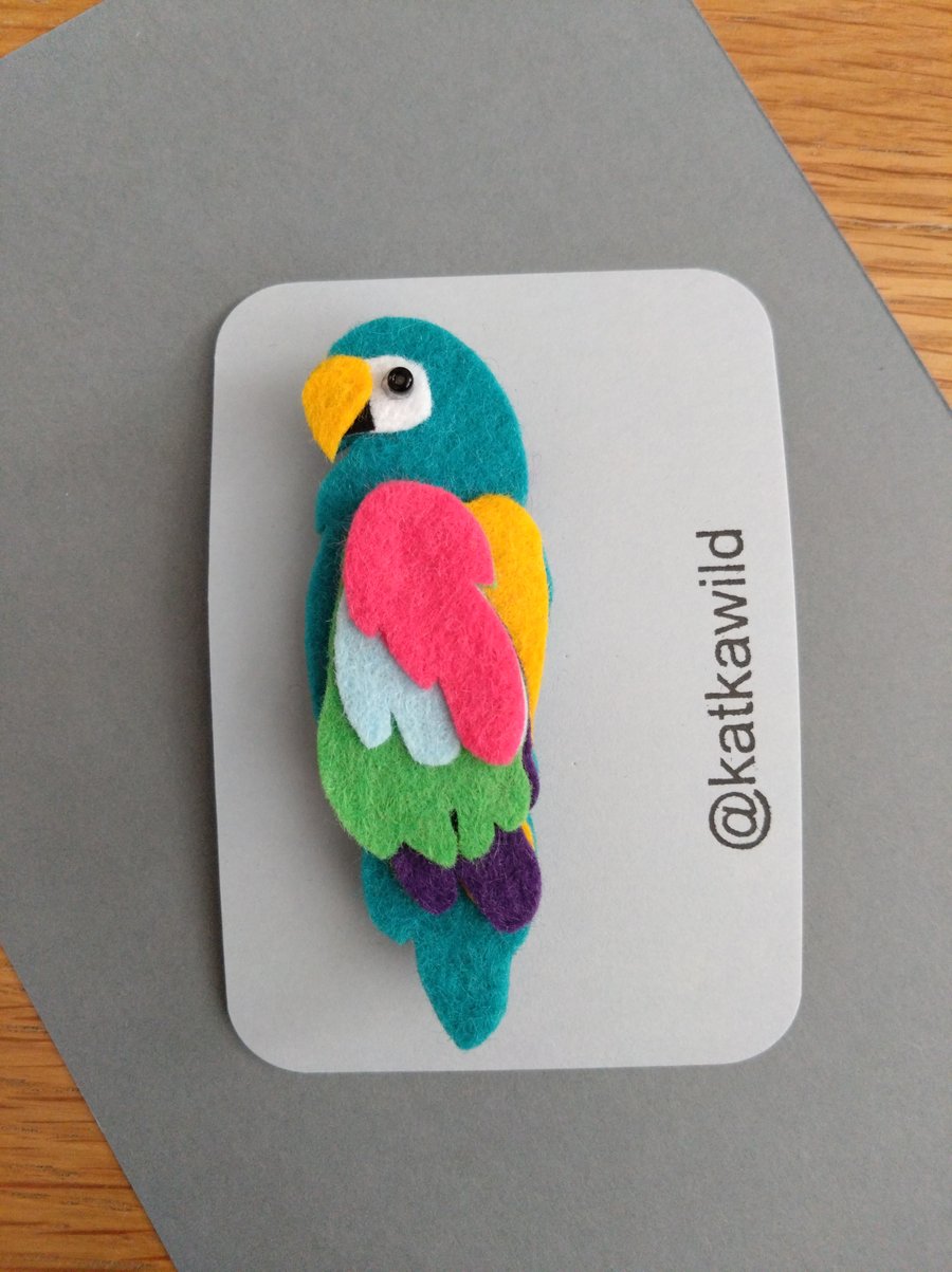 Handmade Felt Parrot Brooch in bright colours