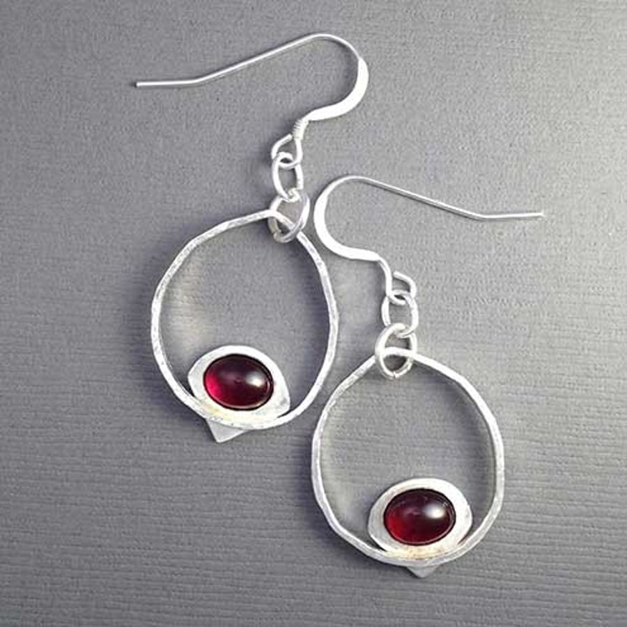 Silver and Garnet Hoop earrings - Balance earrings - silver hoops 