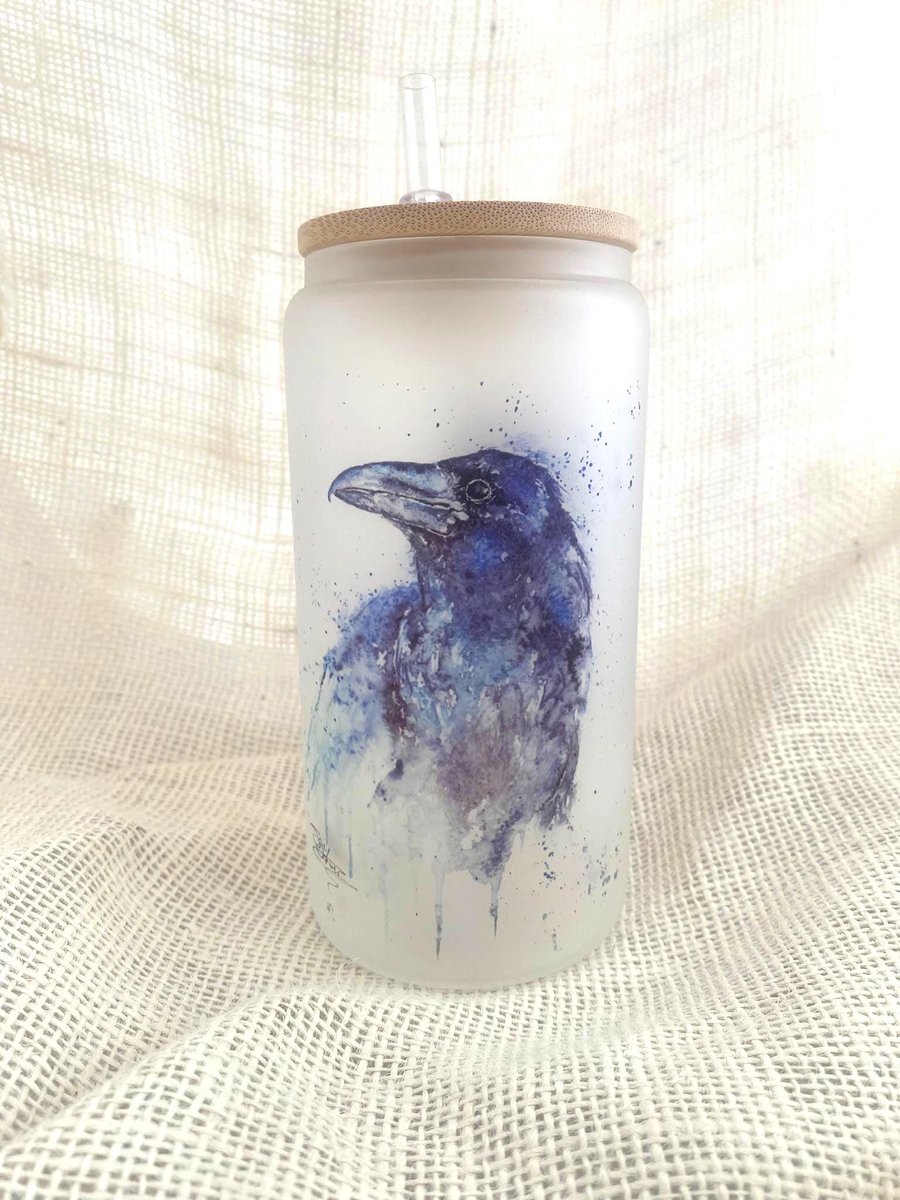 Raven Frosted Glass Tumbler with Bamboo Lid & Straw, 500ml Can Drinks Glass. Wat