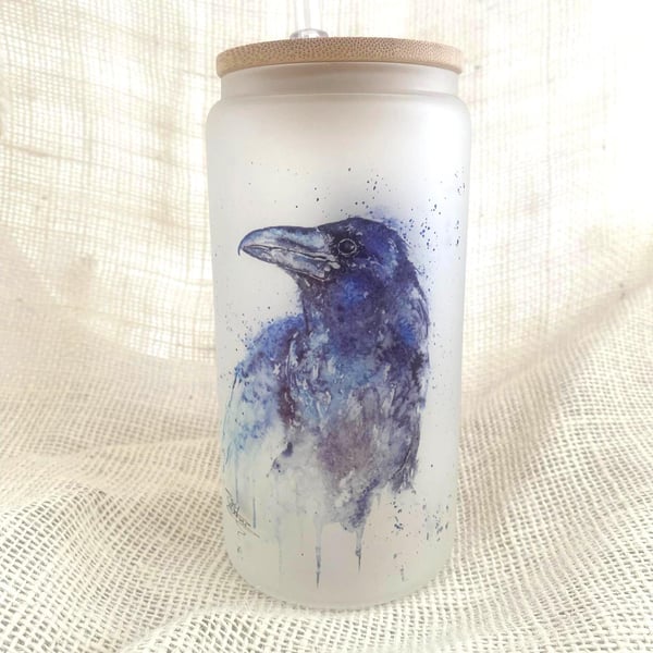 Raven Frosted Glass Tumbler with Bamboo Lid & Straw, 500ml Can Drinks Glass. Wat