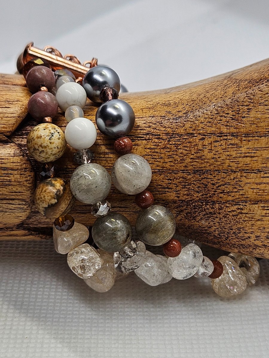 Three-stranded multi-gemstone bracelet