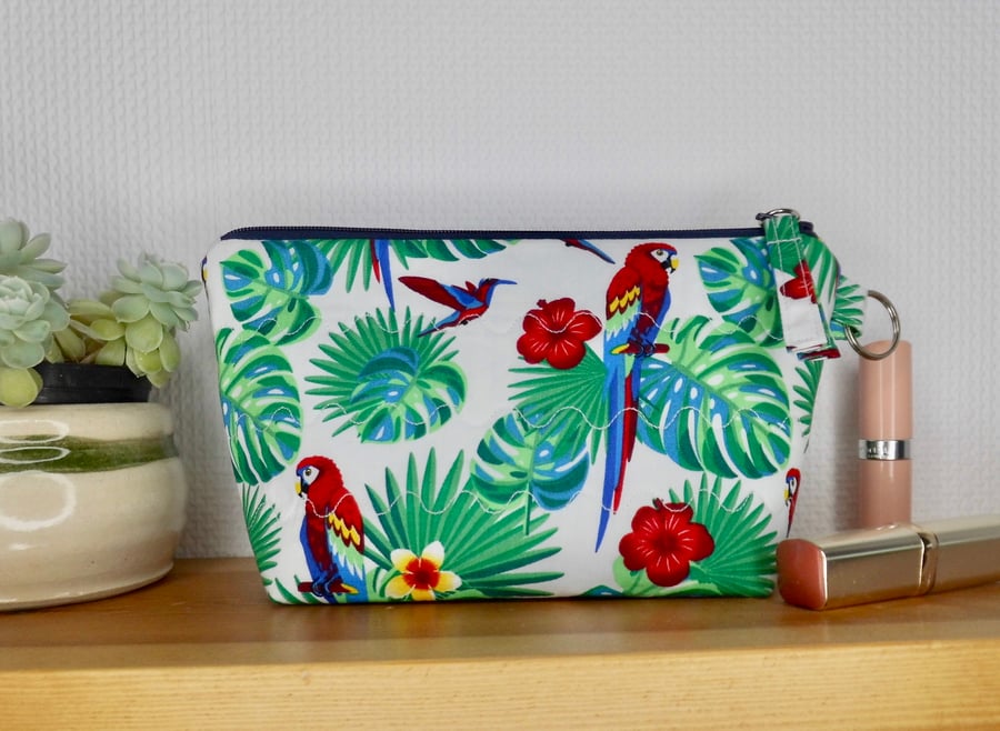 SOLD Make up bag in parrot and humming bird print