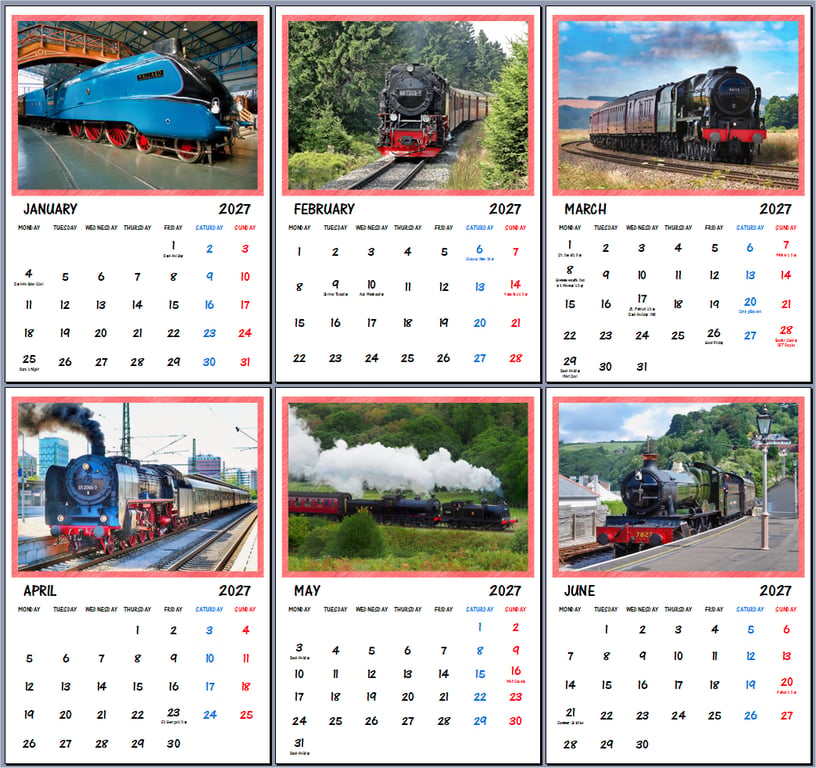 2027 Calendar Steam Trains & Trains A4 Size Wall Hanging 
